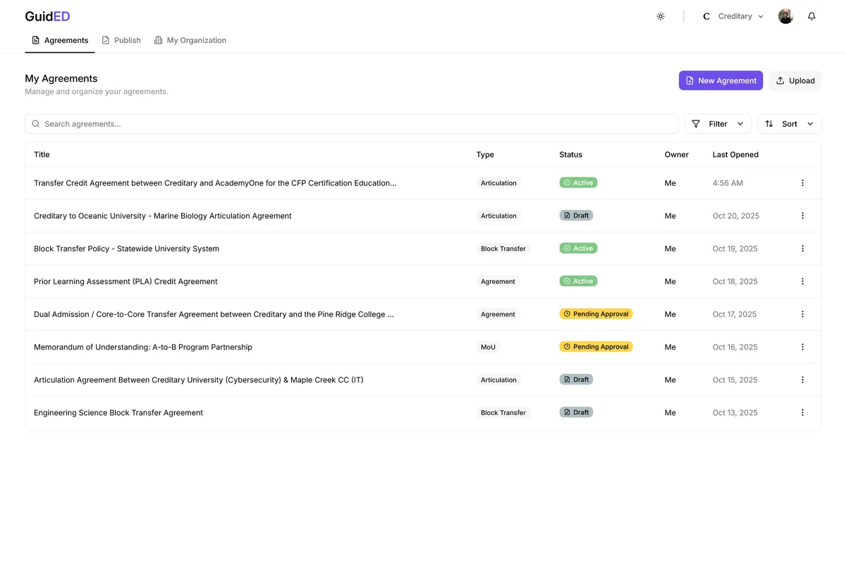 Screenshot of the Guided Platform Agreements Page